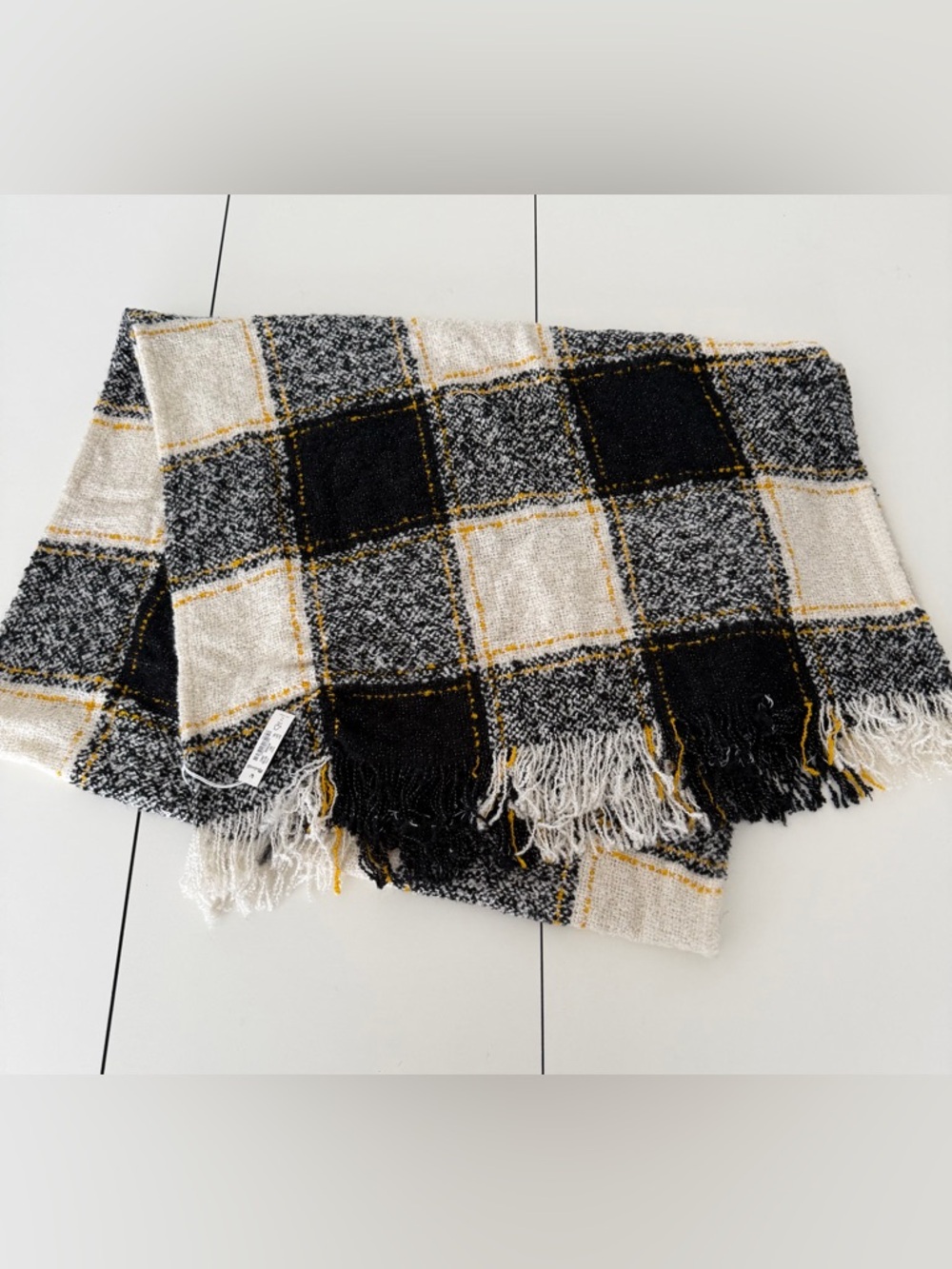 NEW NWT Madewell Plaid Fringe Scarf in Black, Cream & Yellow